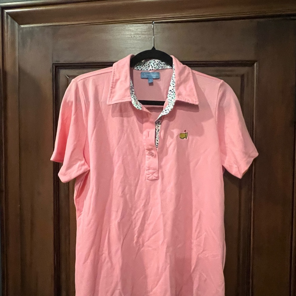 Magnolia Pink Polo Shirt with Patterned Collar and masters logo